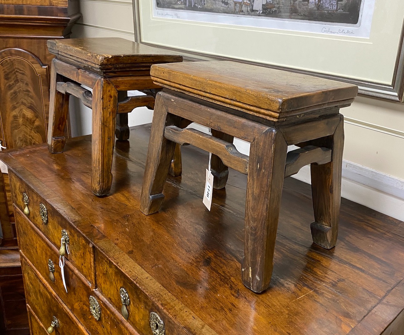 A pair of Chinese pine stools, length 30cm, depth 21cm, height 31cm